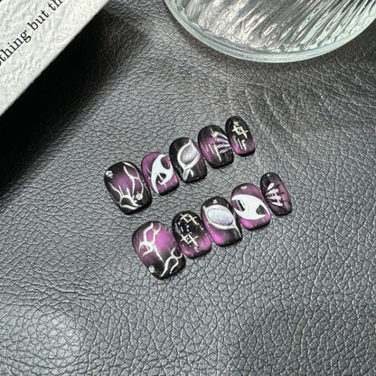 Original Punk Hottie Purple Cat's Eye Hand Painted Handmade Press on Nails Sweet Cool Temperament White