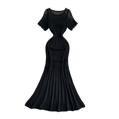 Vintage Hollow-Out Knit Dress – Women's Summer Elegant Tie-Waist A-Line Midi, Fishtail Slim-Fit Gown