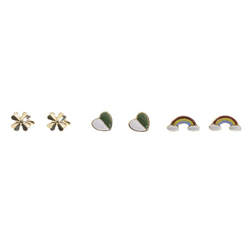 Rainbow clover love stud earrings set