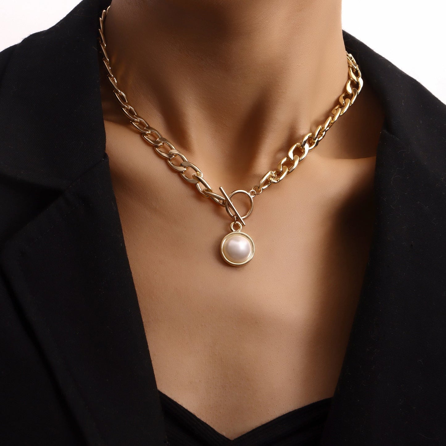 Rectangle Geometric Chain Necklace Pearl