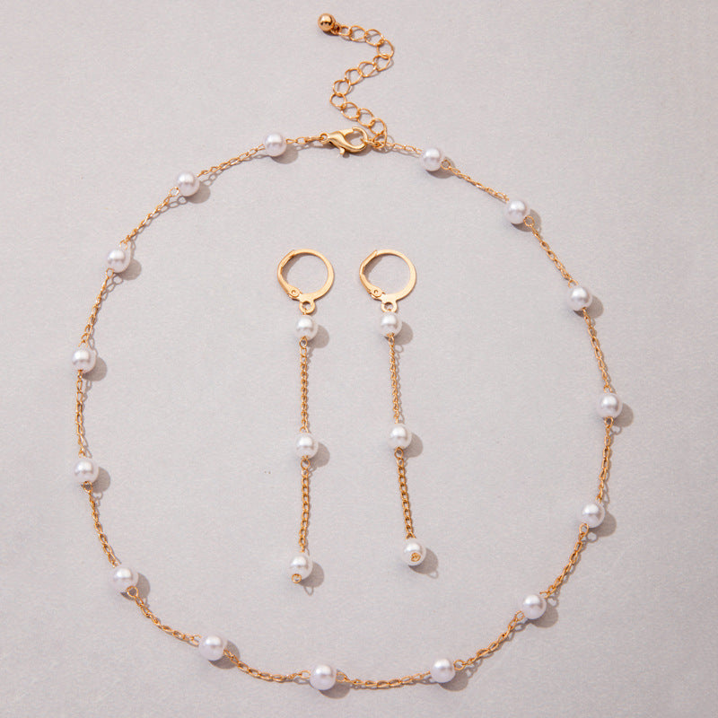 Women Pearl Beads Chain Choker Necklace Jewelry Set