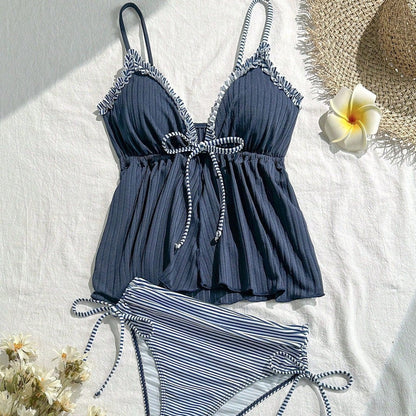 Tankini Swimwear for Women with Ruffled Two Tone Shoulder Straps and Tie Closure Bathing Suit