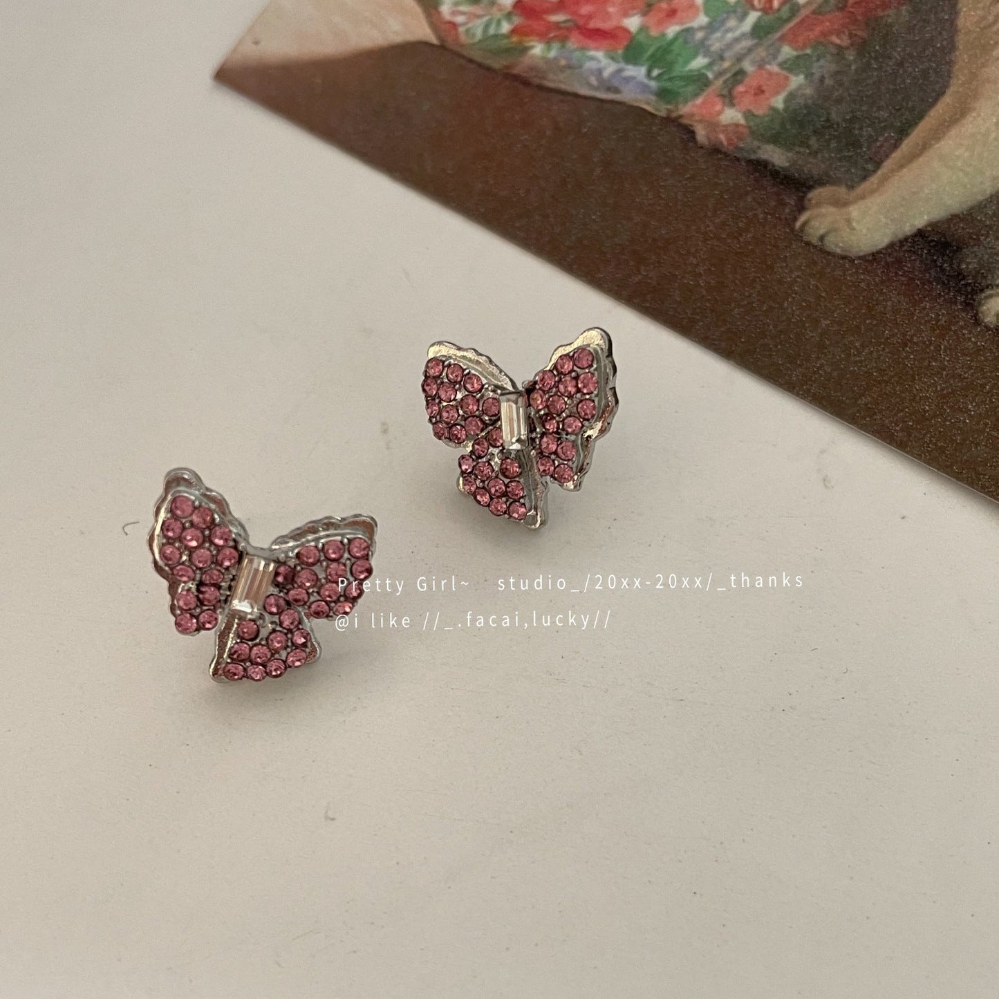 Pink Rhinestone Butterfly Stud Earrings