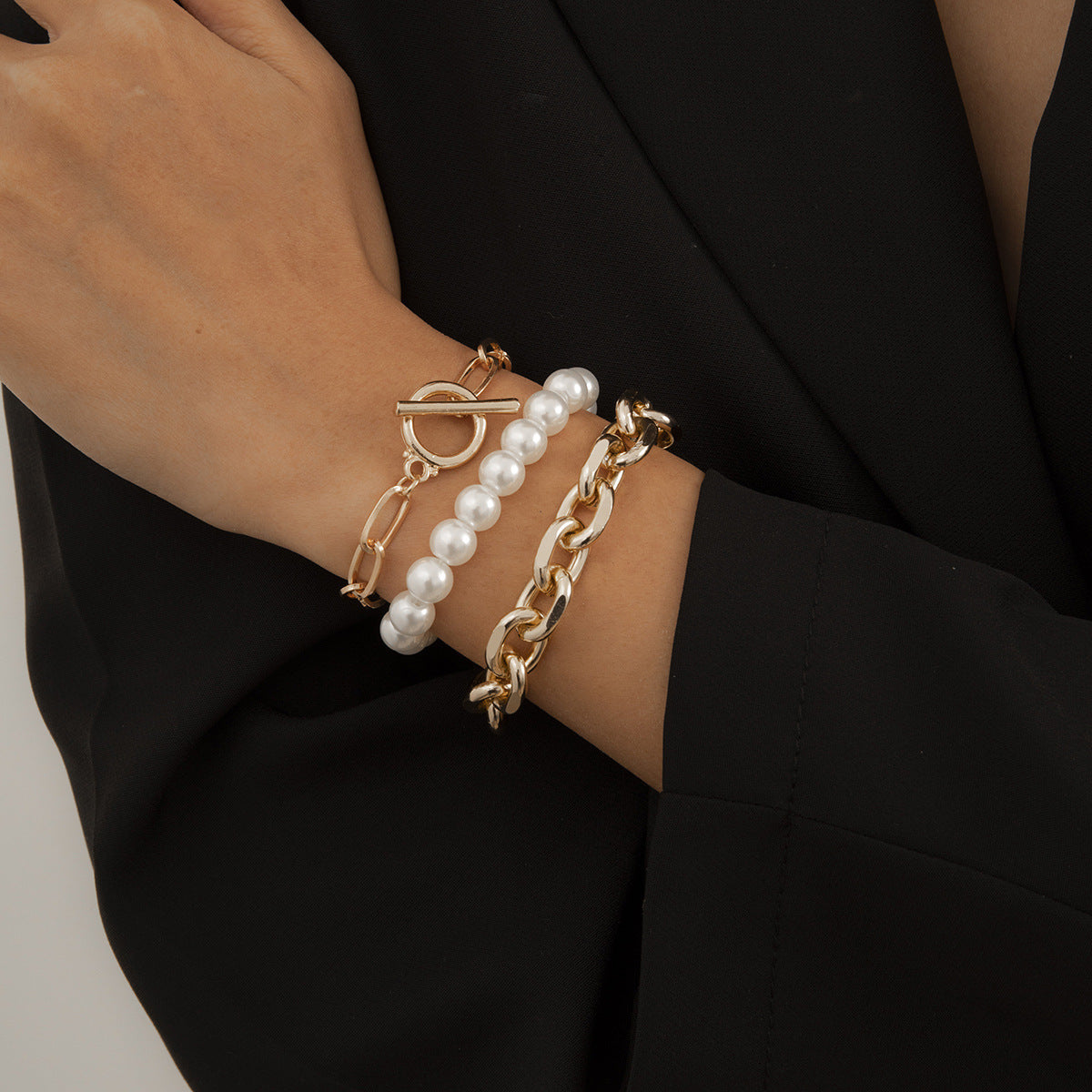 Women Pearl Bead Chunky Chain Bracelet Set
