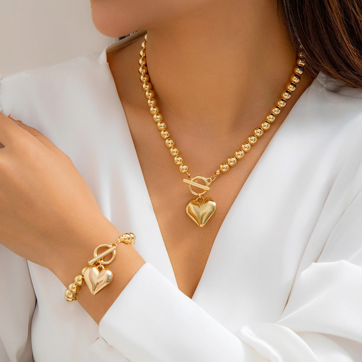 Fashion Heart Pendant Beaded Necklace Earrings Bracelet Jewelry Set
