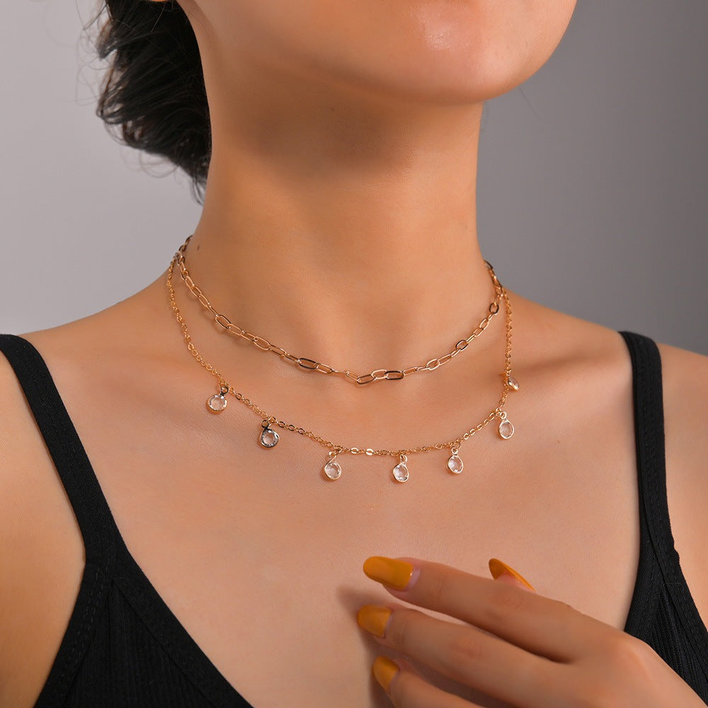 Double Layer Chain Crystal Pendant Necklace