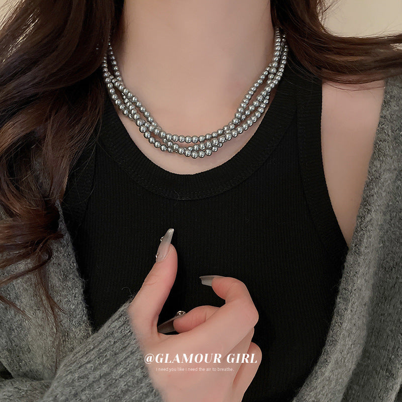 Retro Choker Multi Layer Grey Pearl Necklace Women