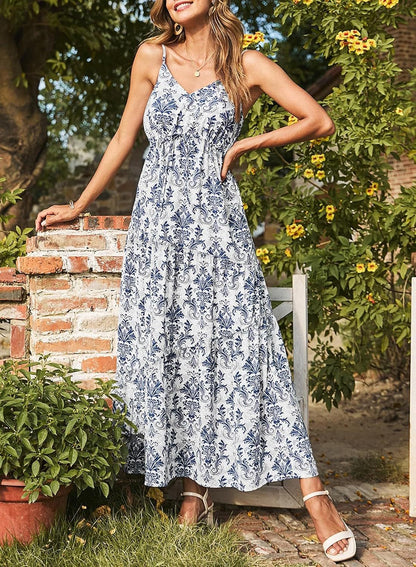 Summer Dress Casual Women's Bohemian Sleeveless Print Long Layered Long Dress Beach Dress
