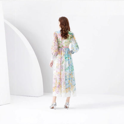 Early Spring Fashion Court Style Dress - Vintage Print Mandarin Collar Long Sleeve Flared Maxi Gown