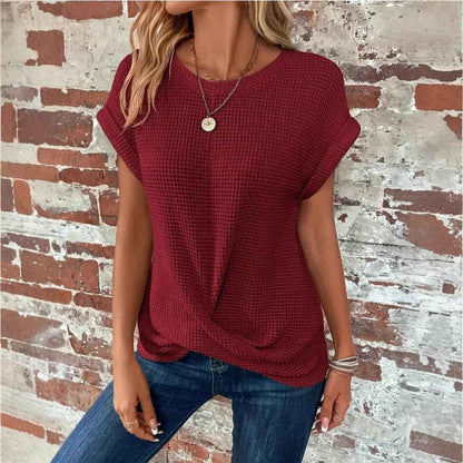 Batwing Sleeve Twist Hem Waffle Knit Tee