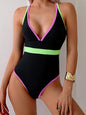 Women's Solid Color One-Piece Spaghetti Strap Swimsuit Hot Style Contrast Color Sexy Slimming
