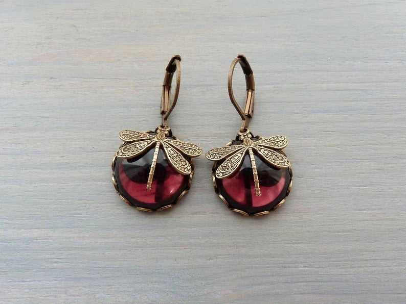 Fashion Jewelry Vintage Dragonfly Pattern Earrings Distressed Moonstone
