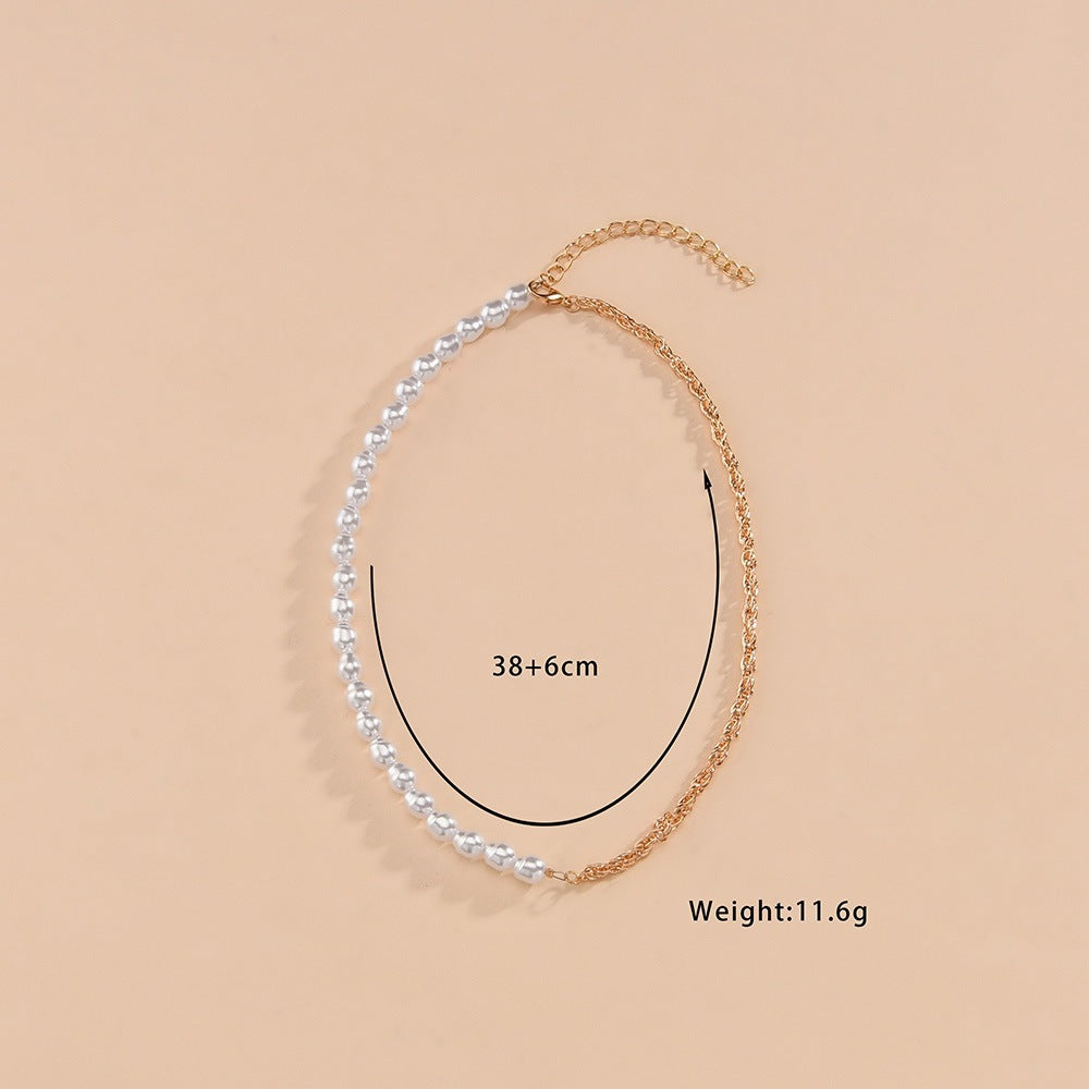 Chain Link Choker Necklace Half Pearl