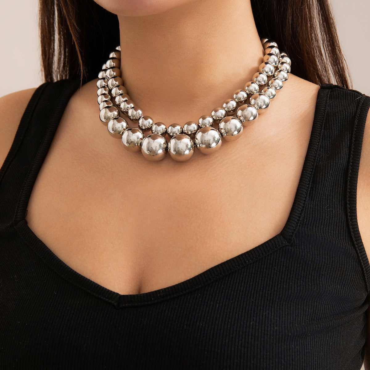 Exaggerated Big Pearl Chunky Heart CCB Round Ball Bead Chain Punk Choker Necklace