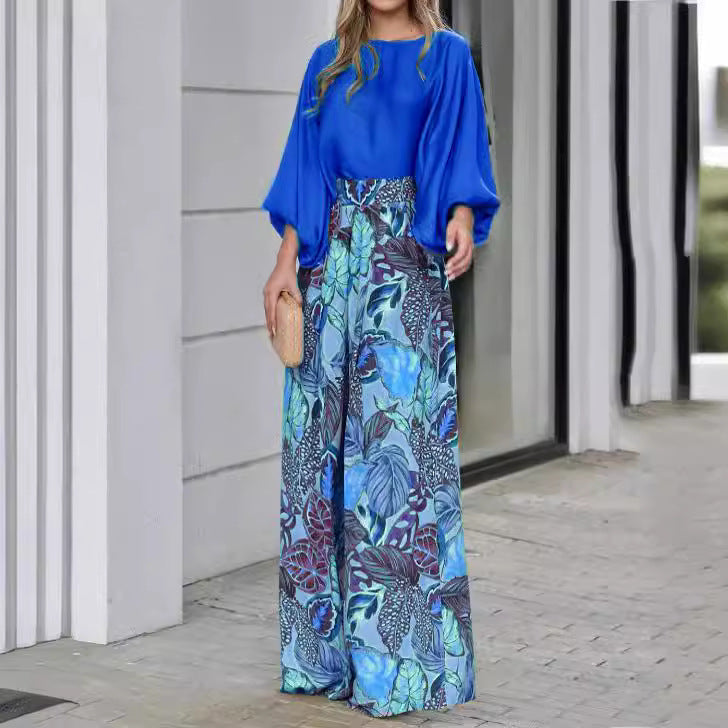 Women's Lantern Sleeve Loose Printed Wide Leg Two-piece Pants