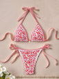 Contrasting Print Strap Sexy Bikini Split Swimsuit Batwing Short Sleeve Shirt W Plants Print