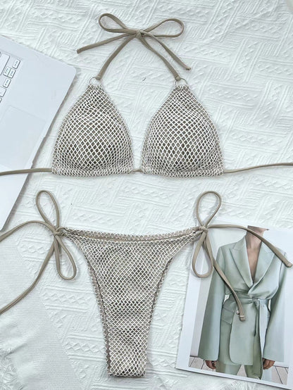 Mesh Fabric Solid Color Split Bikini Swimsuit, Stylish Sexy Beach Hot Spring Resort Swimsuit Swim Hollow Out Halter Bikini Swimsuit