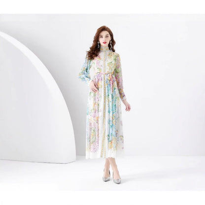 Early Spring Fashion Court Style Dress - Vintage Print Mandarin Collar Long Sleeve Flared Maxi Gown