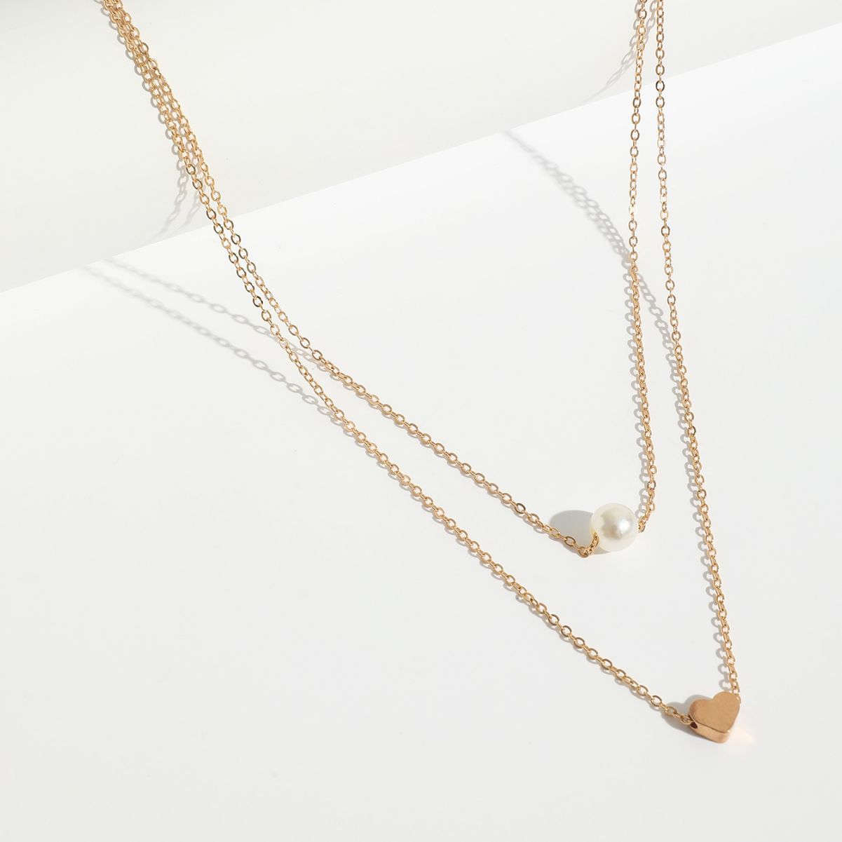 Women Pearl Charm Heart Pendant Double Layer Necklace