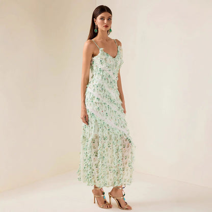 Women's Ruffle Spaghetti Strap Summer Sexy Cover-Up Mesh Long Dress