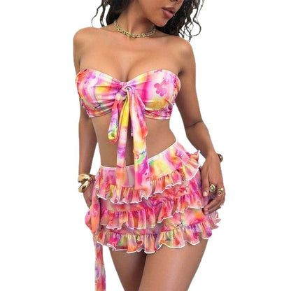 Sexy Printed Bikini Three Piece Swimsuit with and Pleated Skirt for Women Hot Spring Swimwear