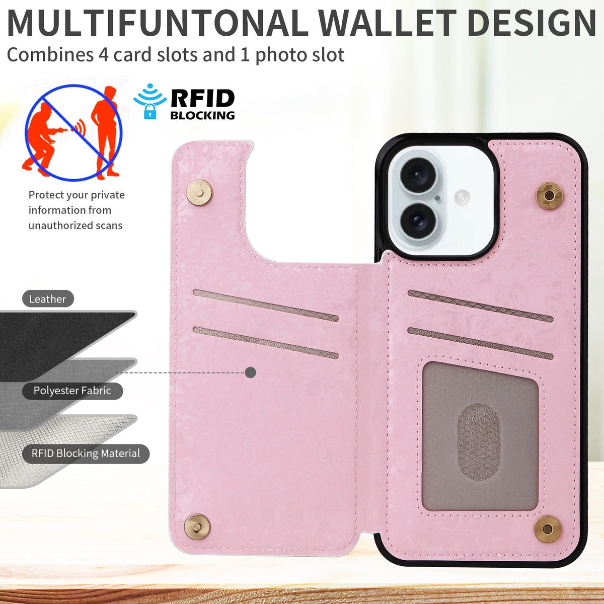 Card Holder Applicable to Apple 16 painted double buckle four-insert card wallet case 16pro max all-inclusive anti-drop case protective cover