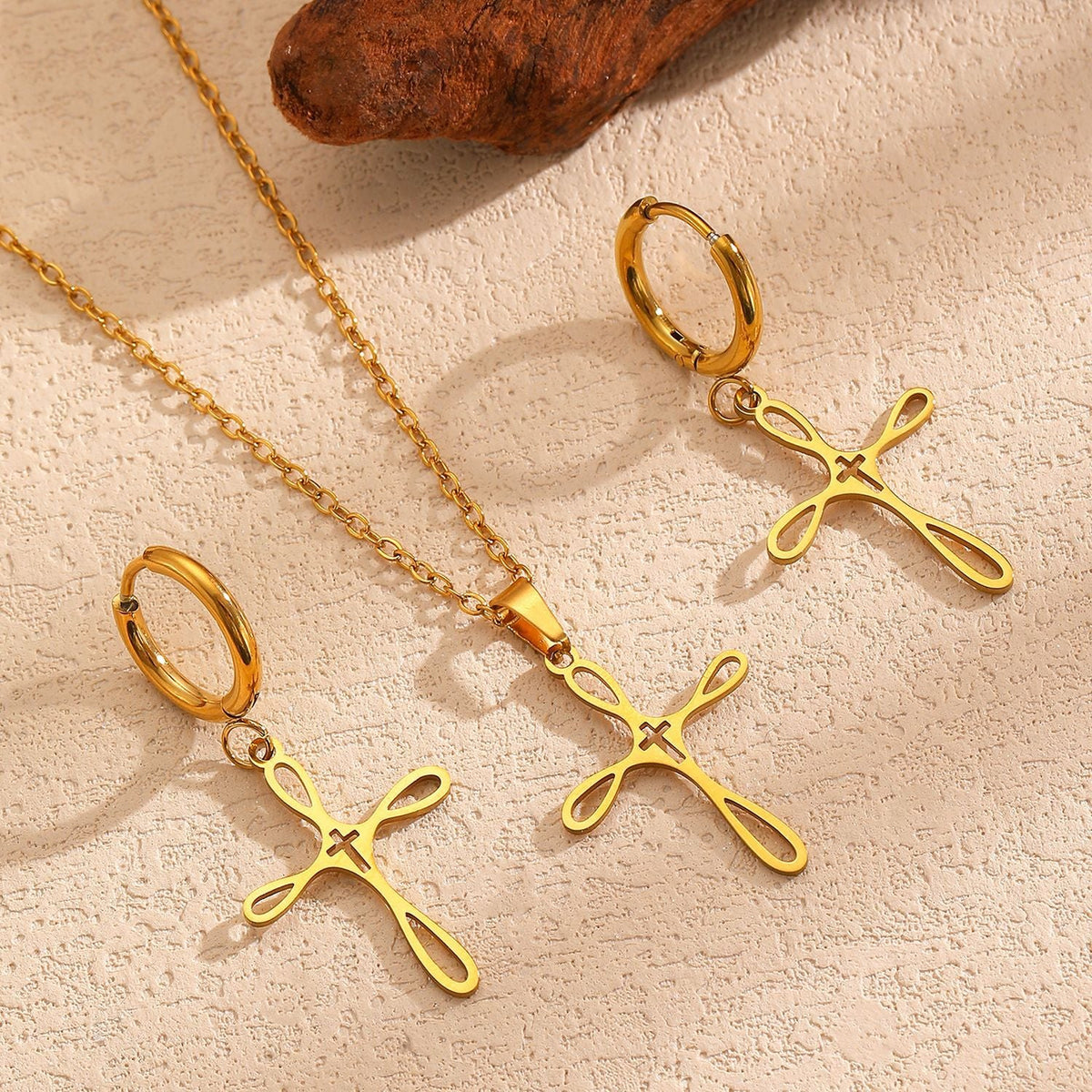 Cross Pendant Stainless Steel Clavicle Chain & Earrings Set Simple Daily Jewelry