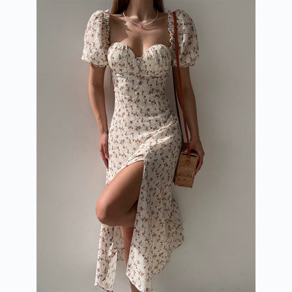 Sleeveless Floral Print Maxi Dress - Strapless Square Neck with High Slit & Waist Emphasis