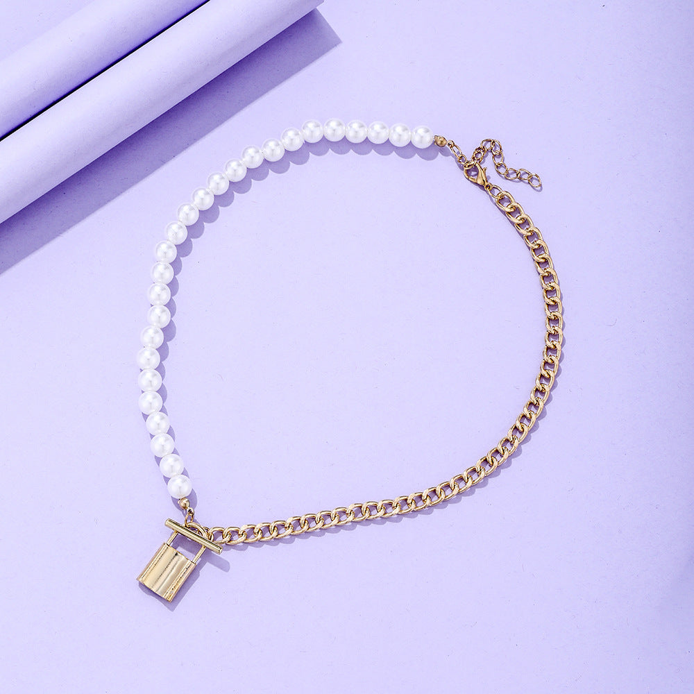 Pearl Chain Bead Link Lock Pendant Necklace