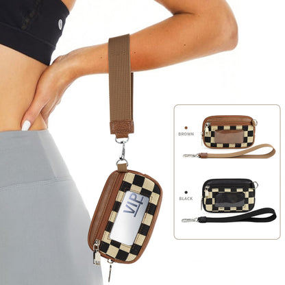 Durable Chessboard PVC Card Bag – Portable Wrist Bag for Bank Card & Change Storage Pouch