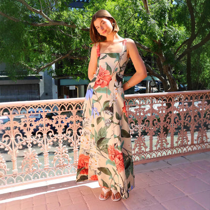 Summer French Retro Maxi Dress Printed Spaghetti Strap Slimming Dress