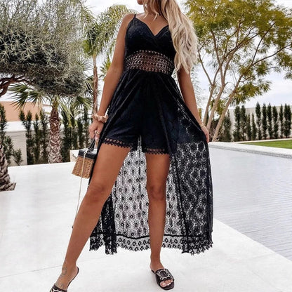 Women's Floral V-Neck Lace Dress - Sleeveless Spaghetti Strap Boho Beach Vacation Dress with Side Split