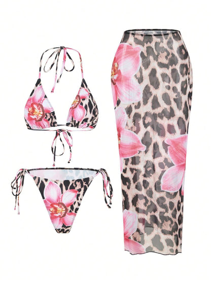Apron Three Piece Bikini Vintage Print Long Skirt Swimsuit Women's Swimwear