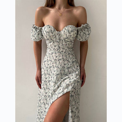 Sleeveless Floral Print Maxi Dress - Strapless Square Neck with High Slit & Waist Emphasis