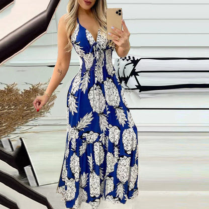 Summer Bustier Spaghetti Strap High Waist Printed Maxi Dress Sexy Women's Dress