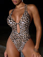 Leopard Print Back Cross Strap One Piece Beach Vacation Women's Swimsuit