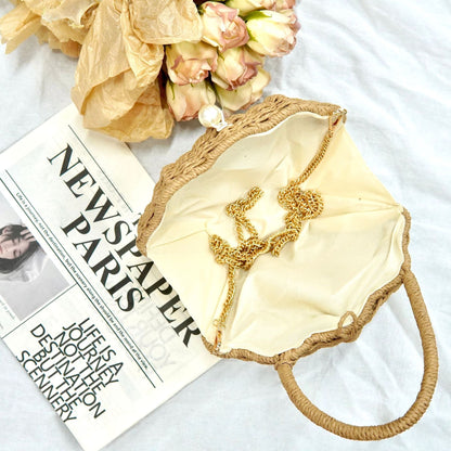 Round Straw Beach Bag - Handwoven Round Tote, Two-Way Handheld Shoulder Purse, Paper Rope Casual Bag