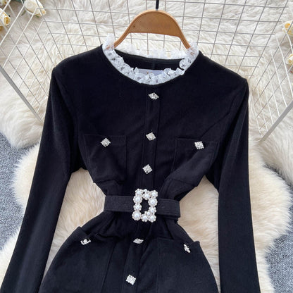 Pearl Buckle Lace Trim Dress – Black Tie-Waist Peplum Hem Mini, Elegant Cocktail Shift