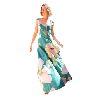 Summer French Retro Maxi Dress Printed Spaghetti Strap Slimming Dress