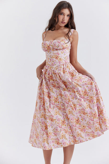Floral Printed French Lace-Up Halter Dress - Sleeveless Spaghetti Strap Holiday Party Dress with Suspender Detail