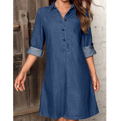 Women's temperament elegant fashion casual solid color front buckle crimped sleeve lapel solid color long tencel cotton