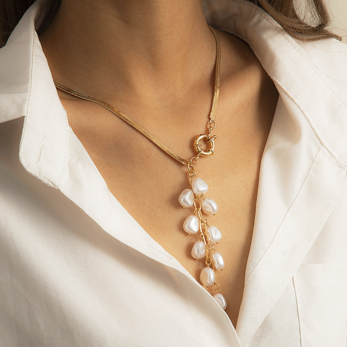 Snake Chain Necklace Retro Pearl Tassel