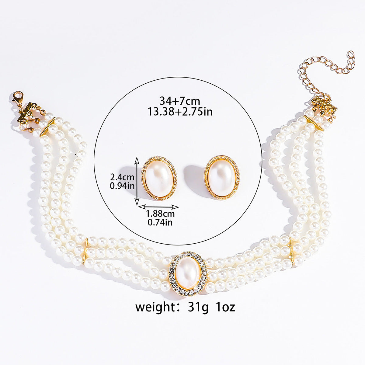 Vintage Oval Rhinestone Bridal Pearl Necklace Style Dress Wedding Set