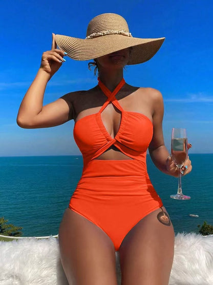 High Waist Solid Color One Piece Sexy Backless Halter Swimsuit for Women