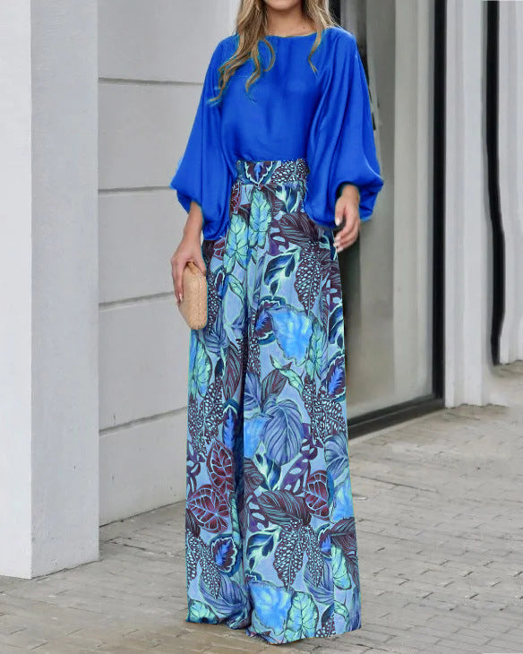 Women's Lantern Sleeve Loose Printed Wide Leg Two-piece Pants