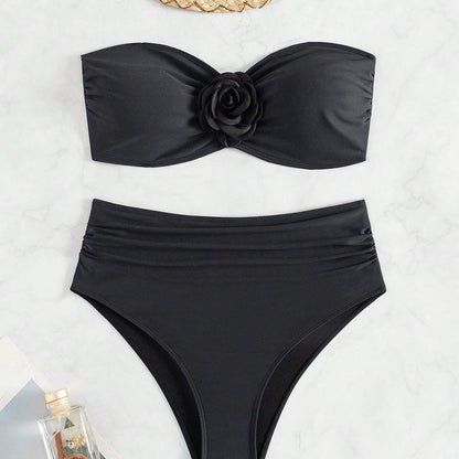 Women's Black Floral Two Piece Swimsuit Sexy High Waist Bikini Set