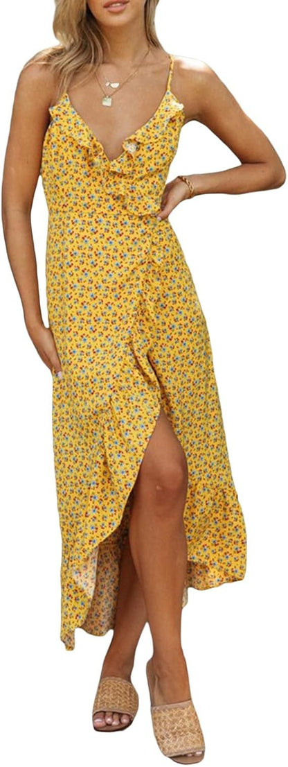Sexy Floral Print Suspender Skirt Dress - Women's V-Neck Ruffled Reformation Style Holiday Party Dress
