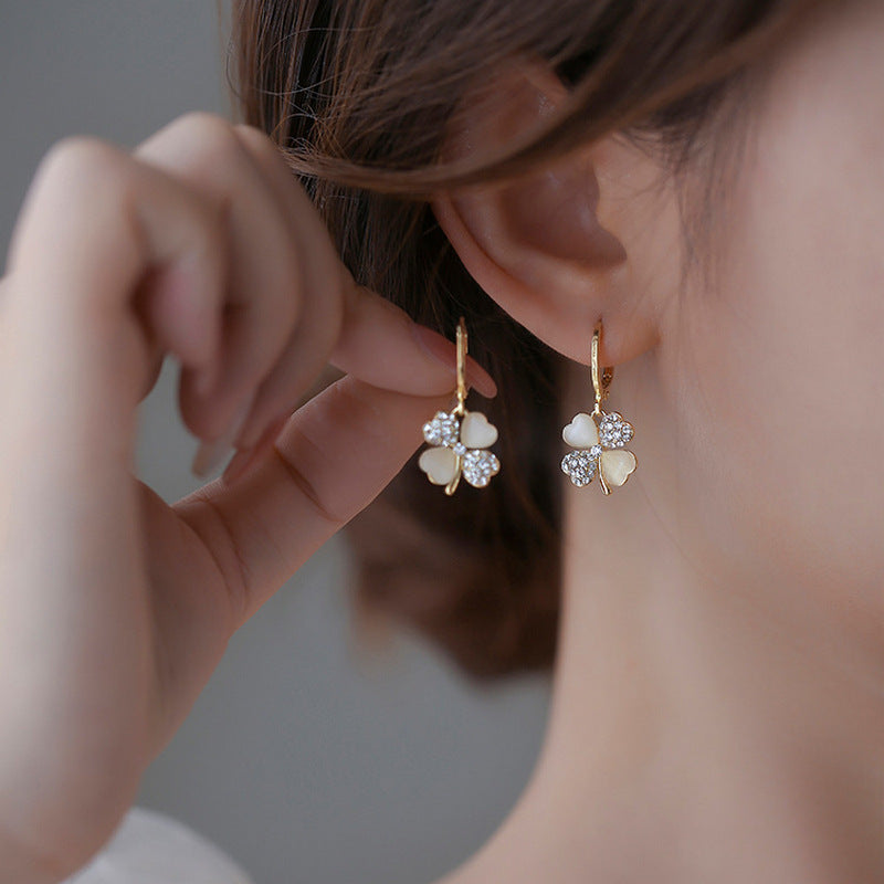 Crystal Rhinestone Four Clover Leaf Shaped Hoop Earrings