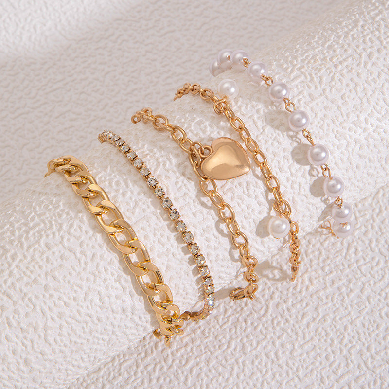 Pearl Beads Layered Bracelet Set Love Heart Pendant