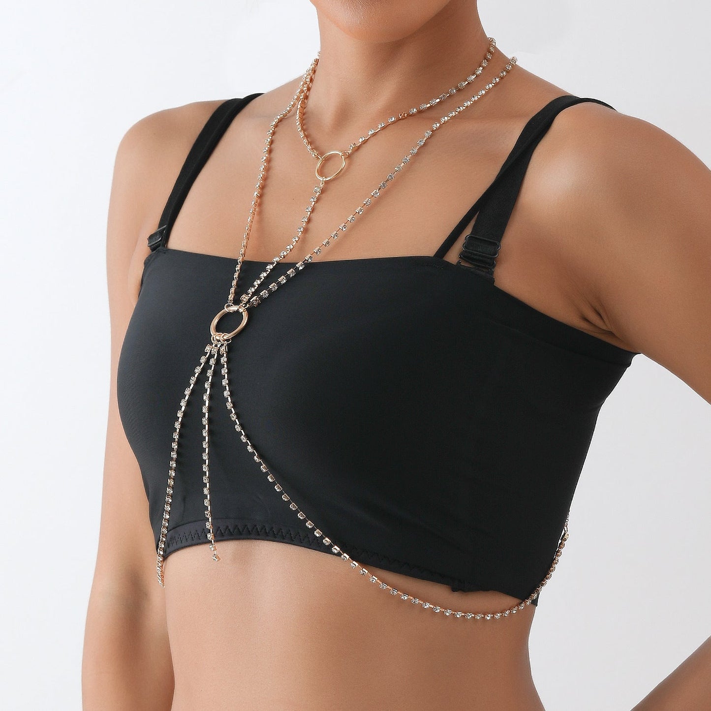 Women Rhinestone Long Necklace Breast Chain